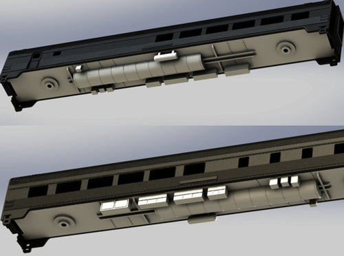 Via Rail Chassis for Dining & Coach Cars 3d printed Chassis Mounted onto Dinning Car